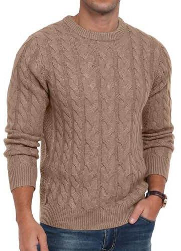 QIXING Men's Cable Knit Jumper Crew Neck Casual Long Sleeve Chunky Knit Sweater with Ribbing Edge(C Khaki, L)