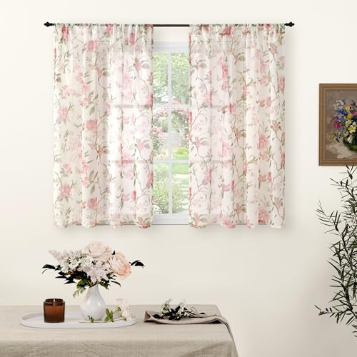 Lajode Floral Sheer Curtains for Girls Bedroom, Vintage Farmhouse Light Filtering Privacy Semi-Sheer Linen Curtains for Kids Nursery 54 Inches Long 2 Panels, Rod Pocket, Pink, Each 52 Inch Wide