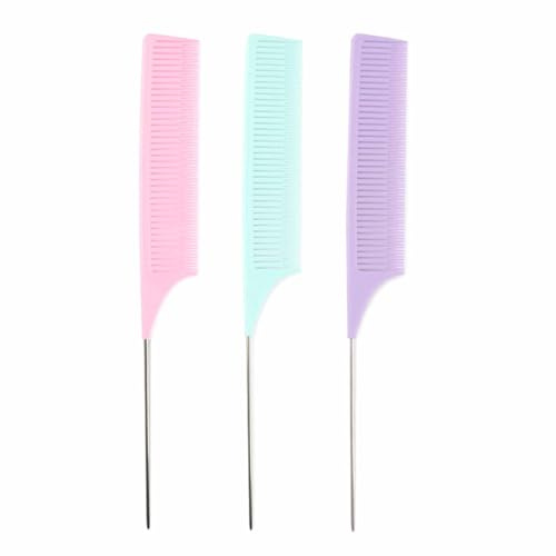 3-Pack Pastel Highlighting Comb Set – Rat Tail Pin Tail Metal Hairdressing Comb for Hair Colour