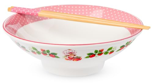 Silver Buffalo Strawberry Shortcake Dots, Ramen Bowl with Chopsticks, 30oz