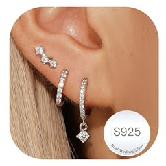 Halora Silver Earrings for Women 925 Sterling Silver Studs Hoop Earrings Stacks Hypoallergenic Small Stud Hoops Huggies Earring Sets for Multiple Piercings Jewellery Valentines Gifts Round Diamond