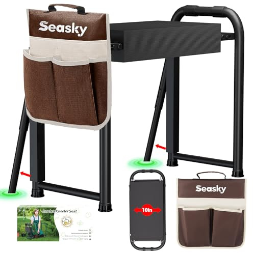 seasky Panchina da giardino pieghevole in ginocchio e seduta, panca da giardino anti-ribaltamento, spessa e morbida, sgabello da giardinaggio resistente con borsa per attrezzi, regalo per giardinaggio