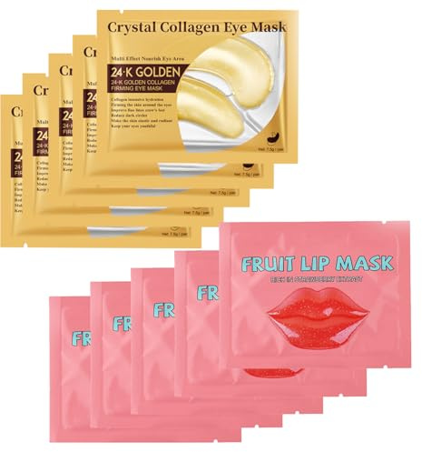 Virecose 5 Paia Maschera Occhi e 5Pcs Lip Masks, Collagene Patch Occhi con Maschera per le Labbra, Patch Occhiaie e Borse, Anti-Rughe e Anti-Occhiaie, Rimuovi Borse e Puffinesss