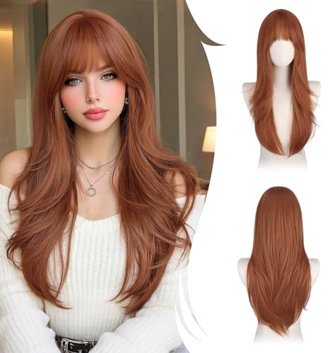 RUWISS Rosso Rranciato Bordeaux Parrucca Lunga Layered Con Frange per Donna, 65cm Parrucche Naturale e Liscia Dritto Fibra Sintética Resistente per Cosplay/Halloween/Party