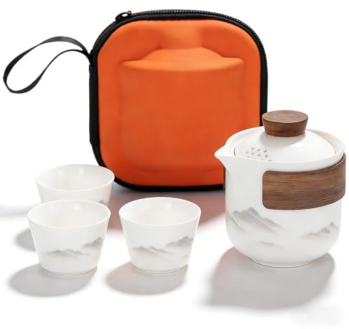 BAIFULAI Kinesiskt Gongfu-teset: Bärbar keramiskt teset med 1 kanna (200 ml) och 3 koppar (45 ml), porslinsservis med resväska för utomhuspicknick, resor, hem (vit)