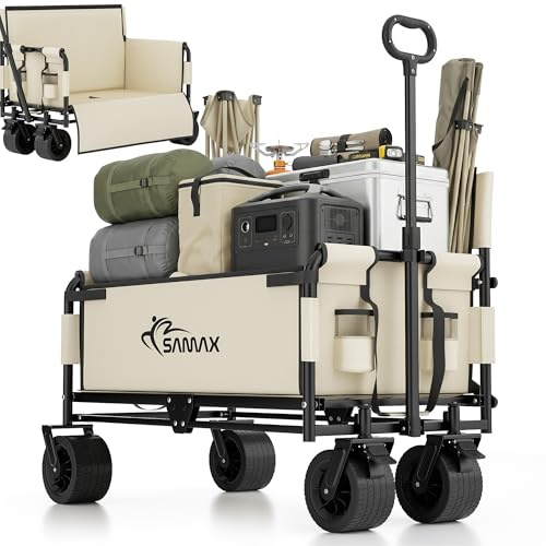 SAMAX Carrito de Offroad a Mano hasta 200 kg - 2 en 1 con Banco - Plegable Coaster Carretillas de Jardín Playa de Carro Offroad - Festival Edition (Beige)