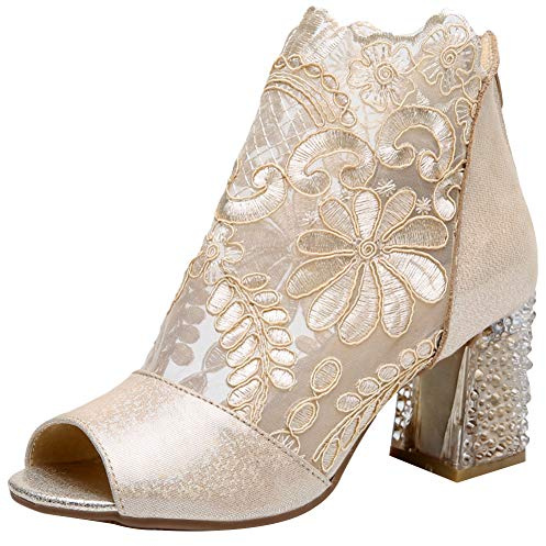 Jamron Femmes Respirant Dentelle Peep Toe Bloc Talon Été Sandale Bottillons Escarpin Chaussure de Ville Or SN02538 EU39.5