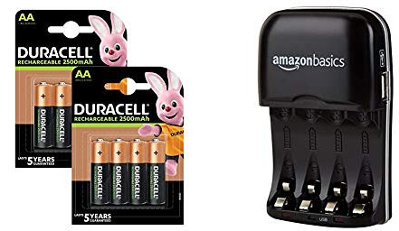 Duracell Rechargeable AA 2500 mAh Batteries Ideal for Xbox Controller, Pack of 8 (Amazon Exclusive) & Amazon Basics Ni-MH AA & AAA Battery Charger With USB Port