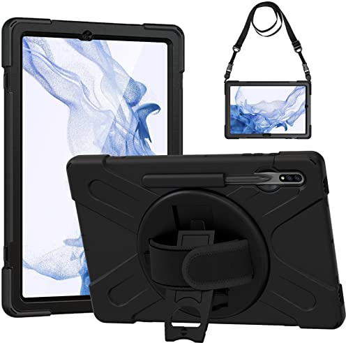 Gerutek Hülle für Samsung Galaxy Tab S10+ Plus/Tab S9 FE+ Plus/Tab S9+ Plus/Tab S8+ /Tab S7 FE/Tab S7+ 12,4 Zoll, Stoßfeste Robust Schutzhülle mit Stifthalter,Drehbar Stände und Schultergurt,Schwarz