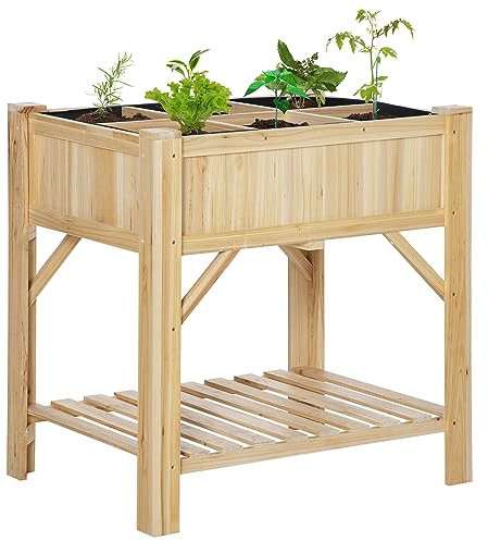 Outsunny Hochbeet Holz mit 6 getrennten Anbauflächen Pflanztisch Blumenkasten Vliesstoff Natur 78,5 x 58 x 81 cm