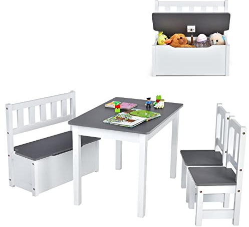 COSTWAY Set 4 Pezzi Tavolo e Sedie per Bambini, Set Tavolo Attività di Legno 2 in 1 con 2 Sedie e 1 Panca, Per Bambini per Giocare, Disegnare, Leggere e Mangiare (Grigio)