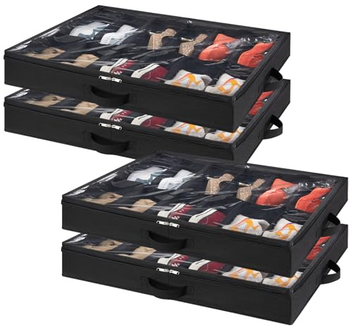 Lifewit Scatole per Scarpe con Finestra Trasparente, Contenitori Portaoggetti Pieghevole Sottoletto per Scarpe, Organizer per Scarpe con Manici Salvaspazio, Nero, 4 x 12 Paia