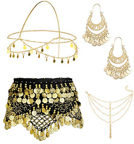 Kakonia 4 Sets Bauchtanz-Accessoires für Frauen, Bauchtanz-Hüfttuch, Wickelgürtel, böhmische Goldmünzen-Ohrringe, Kopfbedeckung, Haarkette, Quaste, Fußkettchen-Armband für Frauen Schwarz