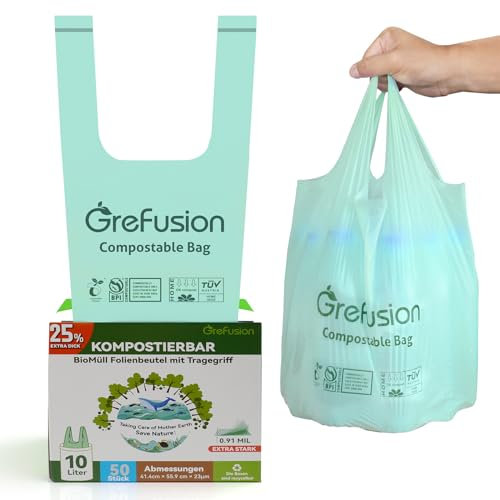 GreFusion 10l shopper biodegradabili sacchetti umido sacchetti spazzatura piccoli extra forti con manico 50 pezzi, con pratica maniglia per il trasport