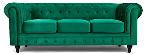 Bravich Velvet Chesterfield Sofa- Green. 3 Seater Settee, Soft Plush Fabric Couch. Living Room Furniture, Easy Clean. 3 Seater- 209cm x 90cm x 78cm