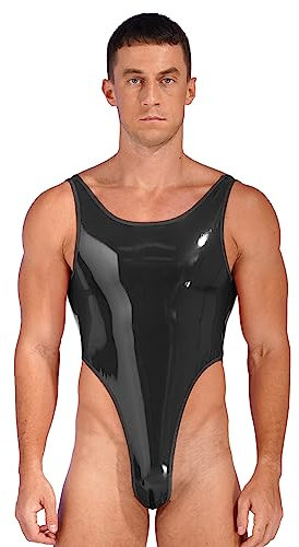 FEESHOW Herren Wetlook Body Unterhemd Männer Body Sexy Bodysuit Lack Leder Overall Stringbody Ouvert Unterwäsche Schwarz XL