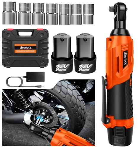 Yiyai 12V Elektrische Ratschenschlüssel Set, 3/8'' Portable Handheld Schnurlose Akku Ratsche Power, 40N.M Drehmoment mit LED für Autoreparatur, Rohrleitungswartung (2 * 1500mAh - Orange)