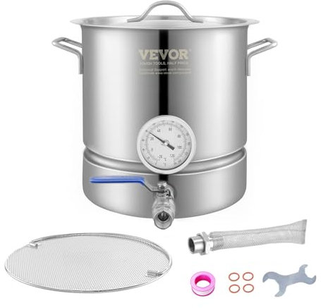 VEVOR Stainless Steel Kettle, 5 Gallon Brewing Pot, Tri Ply Bottom for Beer, Brew Kettle Pot, Home Brewing Supplies Includes Lid, Handle, Thermometer, Ball Valve Spigot, Filter, Filter Tray