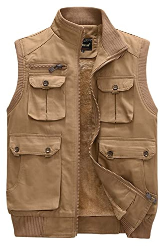 Gilet Chauffant Homme - Homme DéContracté Solide en Peluche Gilet Manteau Col Montant Multi-Poches sans Manches Fermeture éClair Mouche Poche Manteau Gilet Veste Cuir Marron Homme