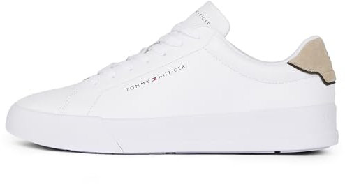 Tommy Hilfiger Uomo Sneakers Court Detail Essential in Pelle, Bianco (White/Sandal Wood), 40