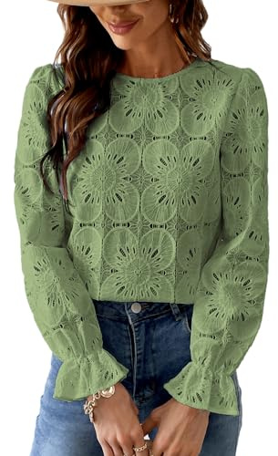 CUPSHE Women Blouse Cutout Flower Top Round Neck Long Sleeve Elastic Cuffs Elegance Shirt, Olive Green, M