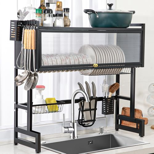 Over The Sink Dish Drainer Drying Rack 3 Tiers with Cover, Keep Kitchen Sink Shlef Organized Space-Saving Dish Drying Rack, Large Stainless Steel Sink Drying Rack for Dishes, Bowls, Cutlery (33.4W)