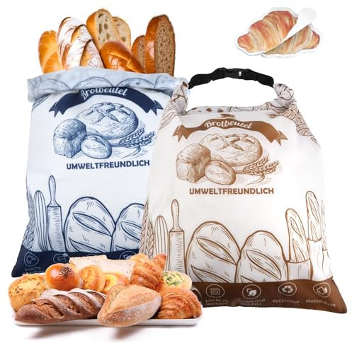 2 Stück Wiederverwendbare Brotbeutel 43x31cm Brotsack Frischhalten Brottüten mit TPU Innenfutter Feuchtigkeitsresistente Groß Maschinenwaschbar Gefriersicher Lebensmittelechte Brotbeutel Brot Frisch