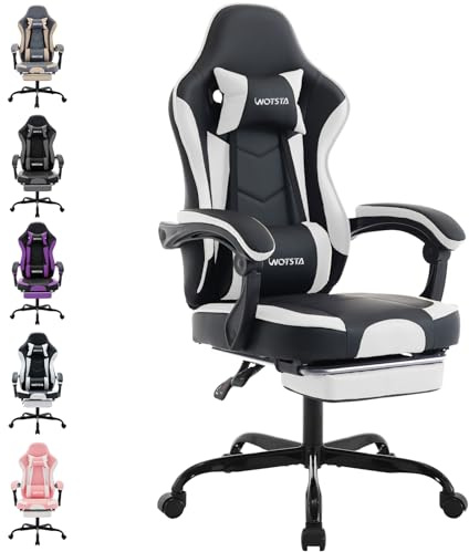WOTSTA Gaming Chair Computerstuhl Ergonomischer Gaming Stuhl mit Fußstütze Bürostuhl Ergonomischer Computerstuhl mit Lendenwirbelstütze SchwarzWeiß