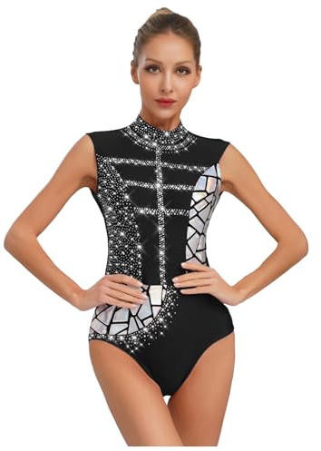 YiZYiF Body Ginnastica Artistica Donna Senza Maniche Leotard da Ballett Strass Body Danza Classica Completo da Ballo Nero M