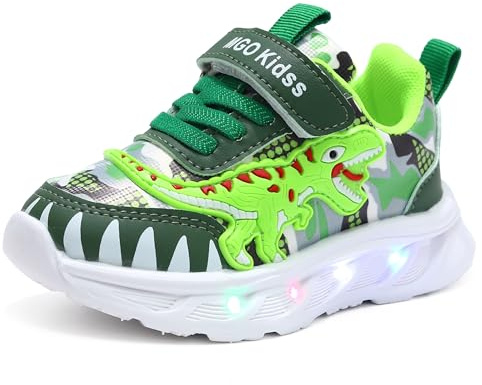 XSportmode Scarpe luminose a LED for bambini, scarpe da ginnastica primaverili e autunnali for ragazzi, dinosauri, da 1 a 6 anni, scarpe da ginnastica lampeggianti for interni ed esterni(Verde,29 EU)