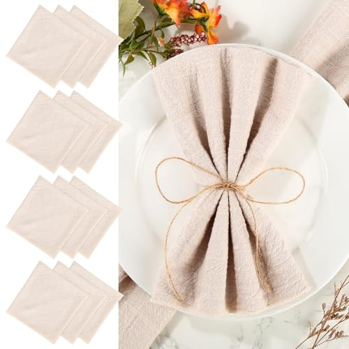 12 stycken tygservetter beige med stängningskant, 42 x 42 cm linneservetter, bomullsservetter tyg, bordsservetter tyg med 10 m snöre för familjefester, bröllop, födelsedagar