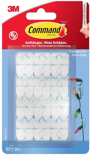 Command Clip decorative con strisce adesive, trasparenti, 20 clip e 24 strisce, per decorazione e catena luminosa senza fori e forature