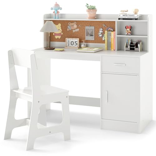 RELAX4LIFE Set Scrivania e Sedia per Bambini, Tavolo da Scrittura in Legno con Sedia, Ripiano, Bacheca, Cassetto, Armadio per Lettura, Disegno, Set di Tavoli da Studio per Bambini (Bianco)