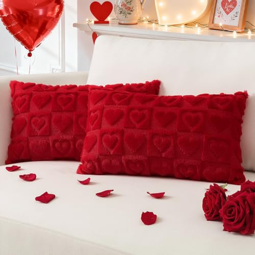 Sungeek Confezione da 2 federe per cuscino con cuore innamorato, 30 x 50 cm, in morbida pelliccia sintetica jacquard, romantiche, per anniversario di matrimonio, decorativo, per divano, colore rosso