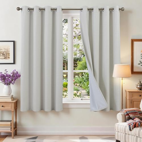 Runyéla 100% Rideau Occultant Lin Thermique Isolant Anti Chaleur Lot de 2, 140x175 Rideaux à Oeillets Fenêtre Beige Clair, Anti Froid UV Phonique Bruit, Decoration Chambre Salon Blackout Curtains