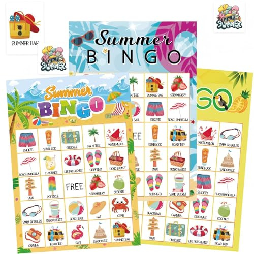Summer Bingo Cards, 24 Players Camp Adventure Bingo Party Game for Family | Forest jungle theme, tropical summer camp adventure, fun party game for family friends activities, 24 player set