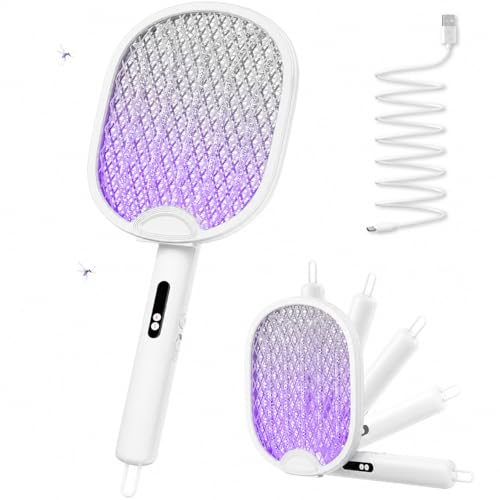 WOCVRYY Raqueta Mosquitos Eléctrica 4000V, 1800mAh USB-C, Plegable 3 en 1 | Modo Manual y Automático, Luz LED Violeta, Rejilla de 5 Capas, Plegable 90°/180°, para Dormitorio, Terraza y Camping