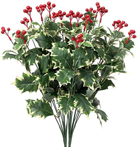 Amkun 2pcs Artificial Flowers Holly Spray Berries Stems Christmas Flowers Leaves Home Party Decoration (White Green)