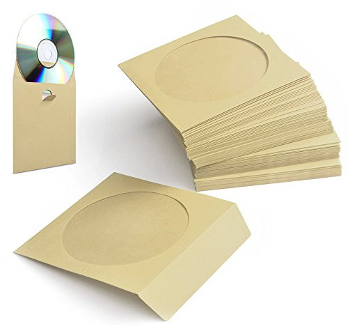 Flexzion DVD CD Sleeves 100 Pack - Premium Paper CD Sleeves for Blank CDs for Burning Music Movie Video Game Disc - Thick Disc Sleeve CD Envelopes Storage with Window Cutout and Flap, Beige