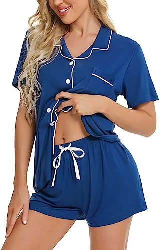 SWOMOG Women Pyjamas Set Short Sleeve Sleepwear Womens Button Down Nightwear PJ Set with Pockets