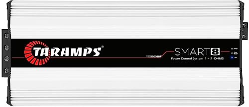 Taramps Smart 8 klass D-förstärkare 8 000 watt RMS multiimpedans 1~2 ohm kraftkontrollsystem, monoblock 1 kanal billjud, vit förstärkare bra för tävling
