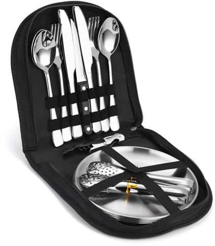 [23-teiliges 4 Personen] Camping Geschirr Set – Besteckset mit Edelstahl Gabeln, Messer und Löffel – Tragbares Besteck für Outdoor, Picknick und Grillen. (Enthält 4 Teelöffel)