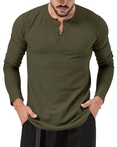Camisa Henley de manga larga para hombre, ajuste regular, con botones, casual, básica, sin cuello, Ejercito Verde, M