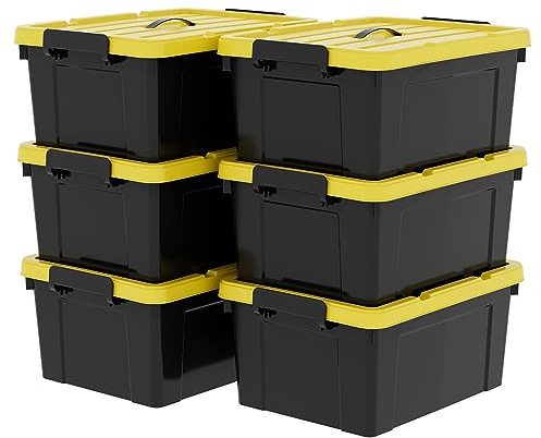 Cetomo 35L*6 Storage Boxes, Plastic Storage Box with Lids, Container with Handle for Tool, Outdoor, Garden, Home, Stackable, Nesting, Black and Yellow, 35L(6 Pack)