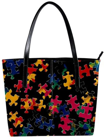 FNETJXF Tote Bag for Women, Vegan Leather Large Tote Bag, Women's Tote Handbags, Modern Cartoon Pattern Colored Jigsaw Puzzle, Tote Bag for Work