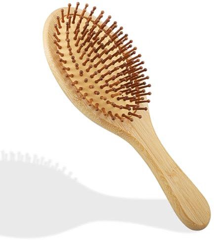Atliberswo Cepillo de pelo de bambú con púas naturales, cepillo madera pelo para mujeres, hombres y niños, peine de masaje de madera, cepillo antiestático y antiencrespamiento (redondo)