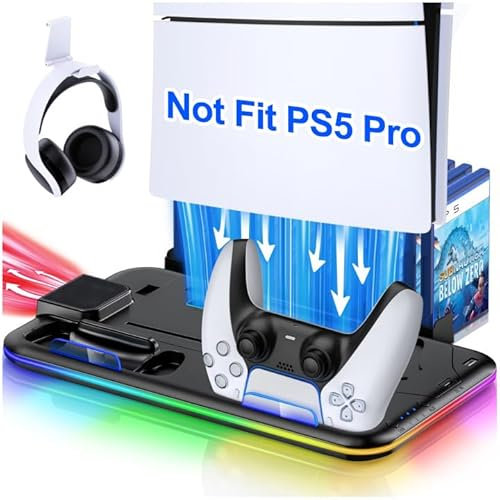 CoguyTech Standfuß für PS5/ PS5 Slim mit Lüfter und Controller Ladestation, Kühler Ständer RGB Licht für PS5 Halterung mit USB Ports/Headset Halter/Aufbewahrung für PS5 Zubehör, Schwarz