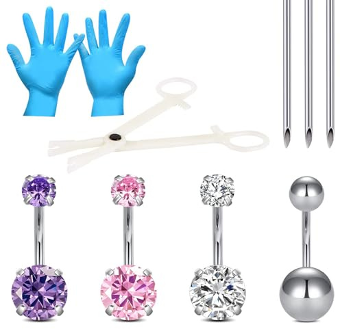 WillTen 10 st piercingkit, navelpiercing med pistol, extra 13G/14G 316L kirurgiskt rostfritt stål nålar för navel septum, näsa, nippel och tungpiercing