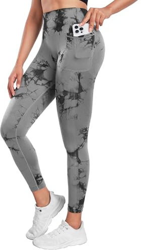 Yaavii Gym Leggings Damen mit Eine Tasche Scrunch Butt Push Up Booty Hose für Yoga Fitness Workout Tie Dye Hellgrau L