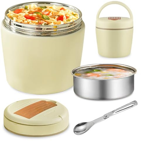 Thermos Alimentaire Chaud, Thermobehälter für Essen, 1.5L Thermo Lunchbox, Edelstahl Warmhaltebehälter, mit Faltbarem Löffel, für Warmhalten Von Speisen und Suppen Verwendet